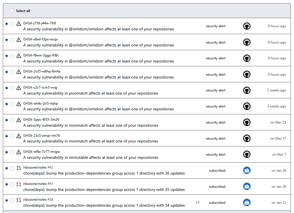 A bunch of security alerts and dependency upgrade notifications on Github